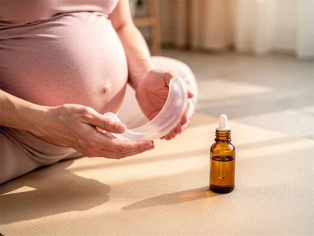A pregnant woman's hands gently holding a curved silicone perineal massage tool, with a small amber oil bottle beside it