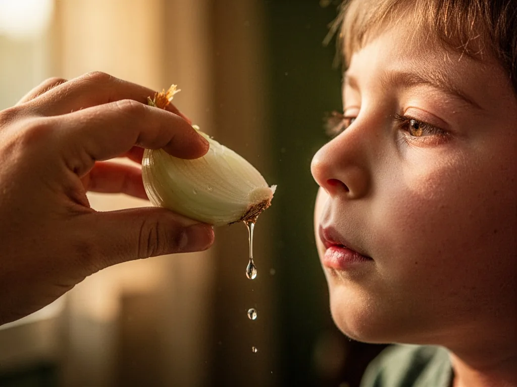 A hand squeezing a fresh onion wedge, a single glistening drop falling toward a child's nostril, soft window light, blur