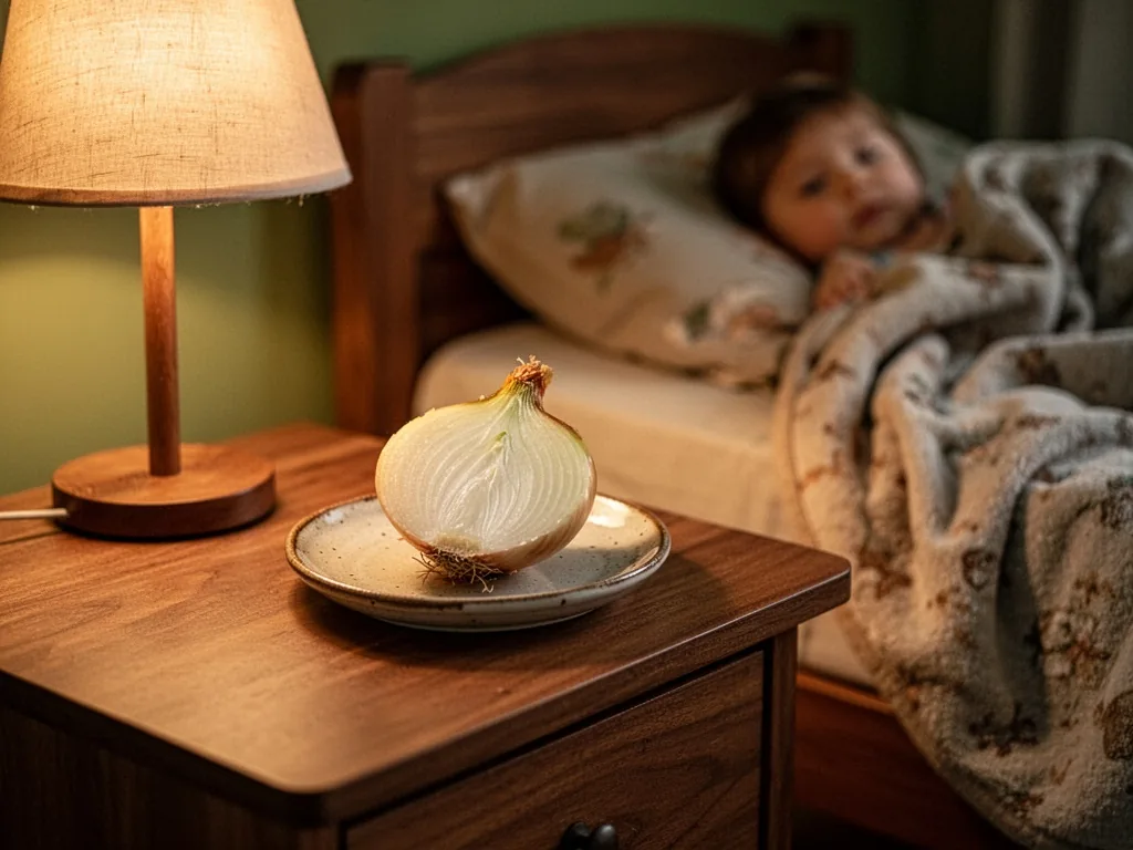 A halved white onion on a small ceramic plate on a wooden nightstand, warm lamp glow, child's bed with rumpled blanket i