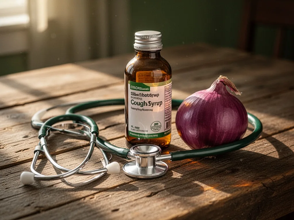 A stethoscope and a glass bottle of cough syrup placed beside a whole purple onion on a rustic wooden table, gentle morn