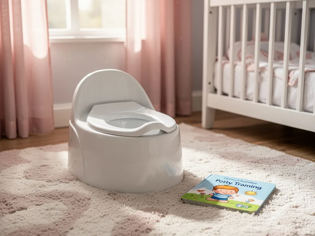 A white ceramic potty on a soft rug in a sunlit nursery, a small picture book about potty training nearby, morning light