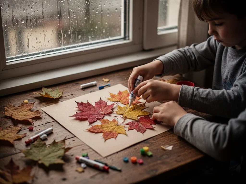 A child's hands carefully gluing colorful autumn leaves onto a paper sheet, rain streaks on a nearby window, muted after