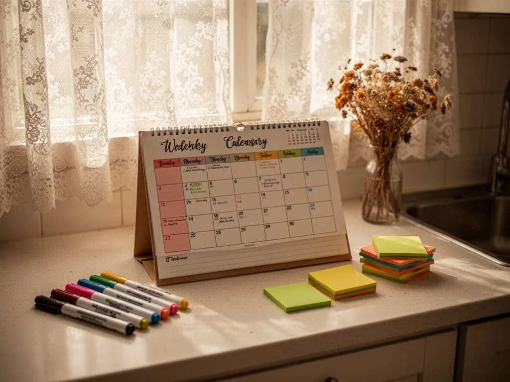 A neatly arranged weekly calendar on a clean kitchen counter, colored markers and sticky notes beside it, soft morning l