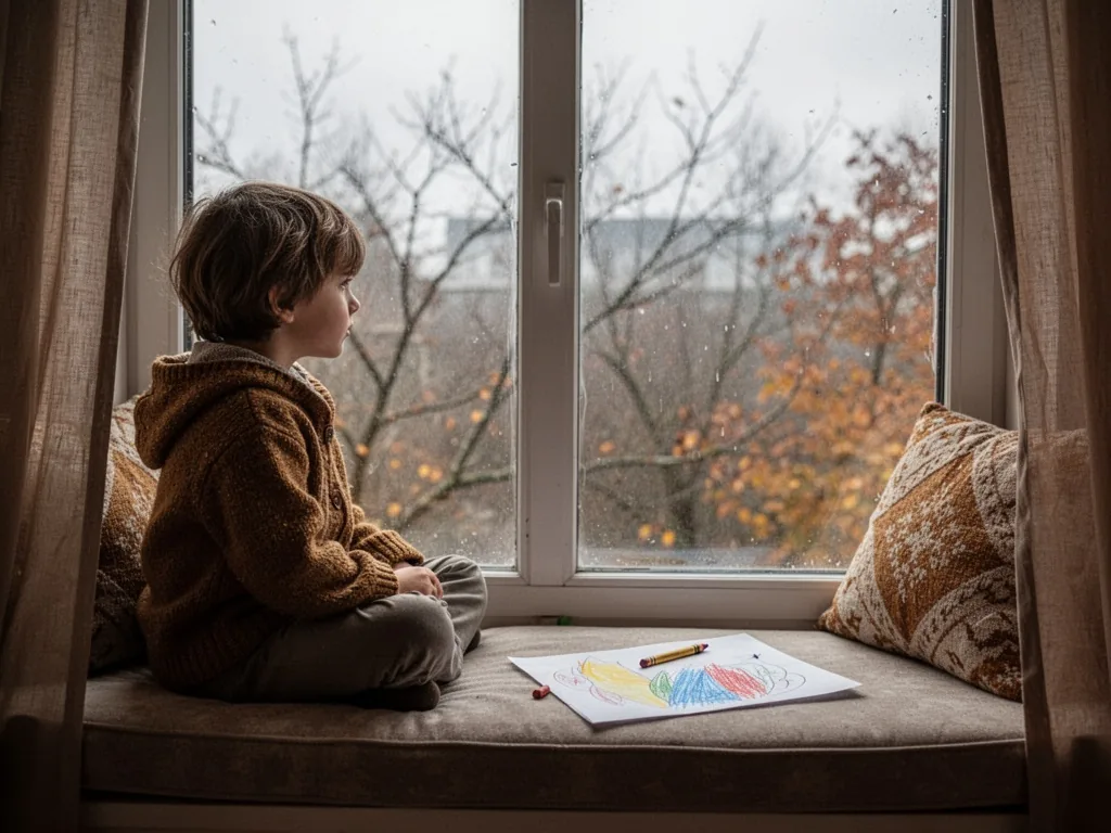 A child sitting on a window seat, gazing outside at a gray autumn sky with bare branches, a crayon and half-colored draw