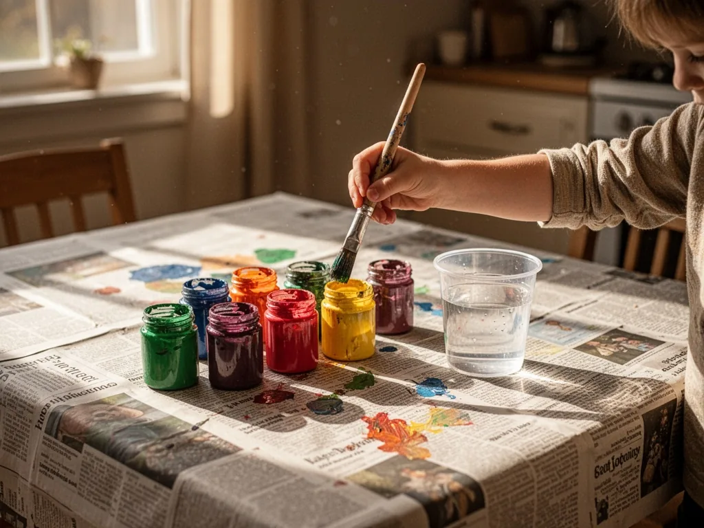 A child's hand holding a paintbrush above a newspaper-covered kitchen table, colorful paint jars and a water cup nearby,