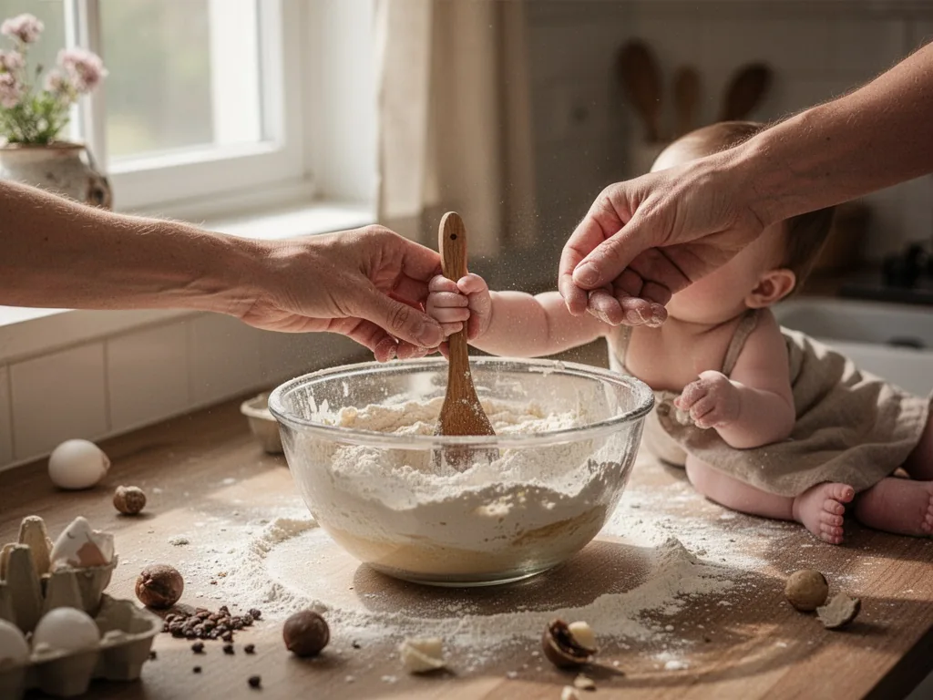 An adult hand gently guiding a baby's tiny hand holding a wooden spoon over a mixing bowl, flour dust and scattered ingr