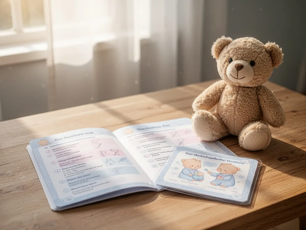 A baby's vaccination booklet open on a wooden table, a small teddy bear beside it, soft morning sunlight streaming throu