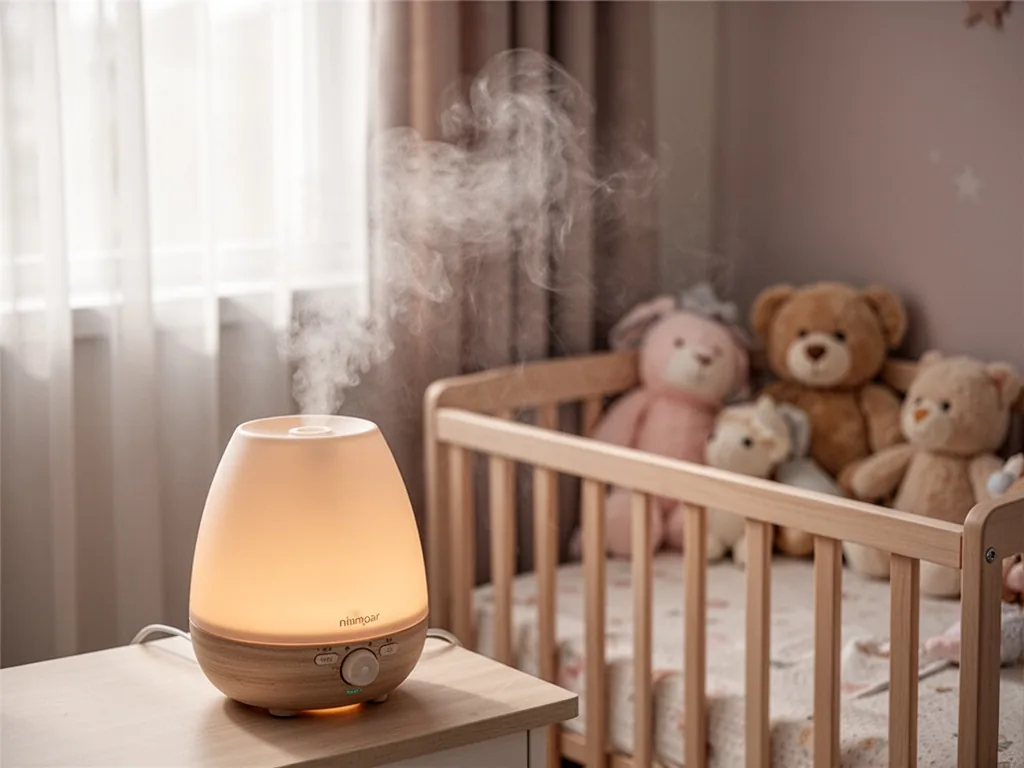 A warm ceramic humidifier releasing fine mist beside a crib, soft plush toys in background, gentle natural light filteri