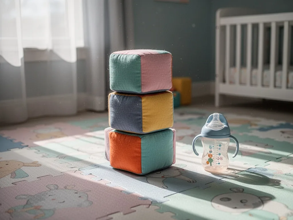 A stack of colorful fabric blocks on a soft play mat, morning sunlight from a window casting long shadows, a sippy cup n