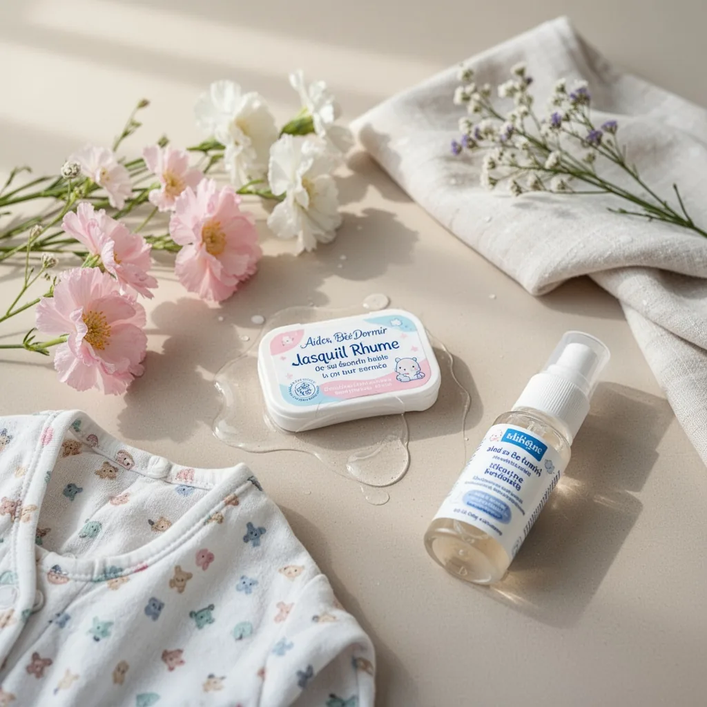 Bébé endormi avec un humidificateur diffusant une fine brume à côté du lit, un mouche-bébé posé à proximité.