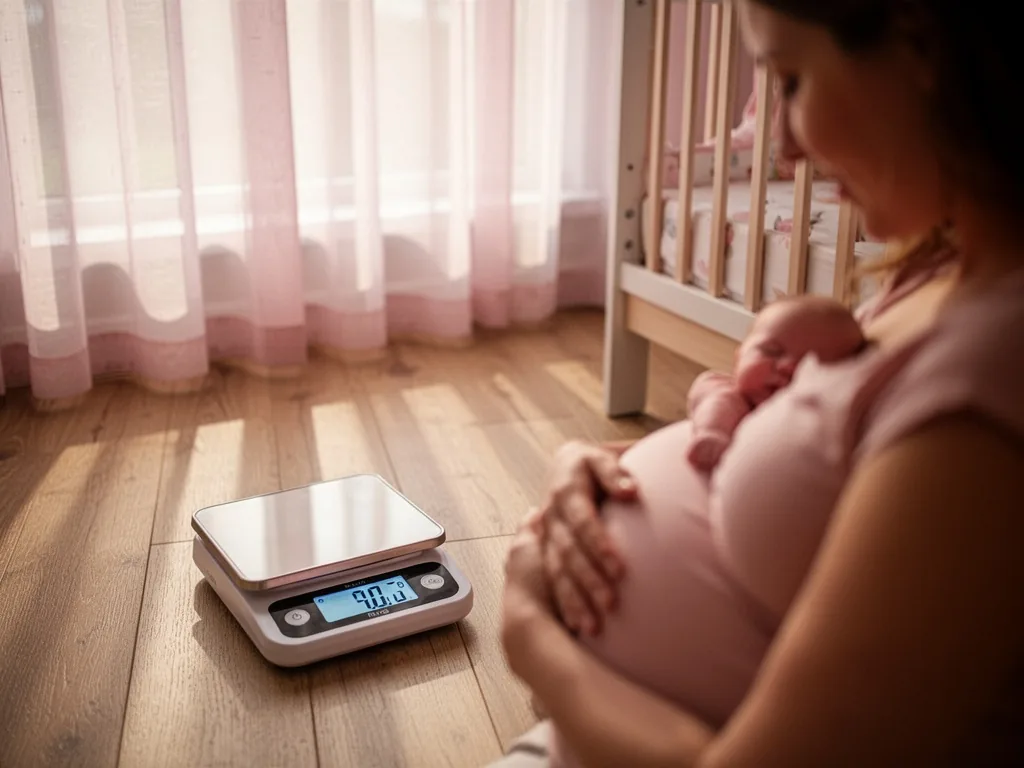 A digital scale showing a low weight number beside a breastfeeding mother's blurred silhouette, soft morning light throu