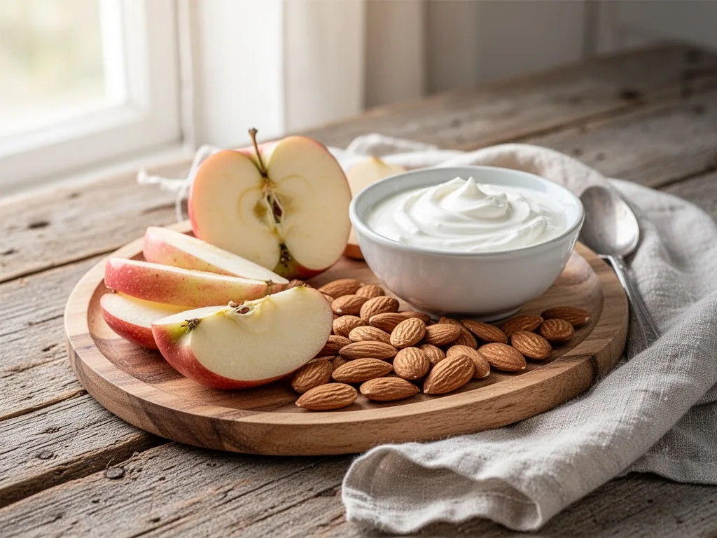 A wooden platter with sliced apple, almonds, and a bowl of Greek yogurt on a rustic table, natural daylight, linen napki