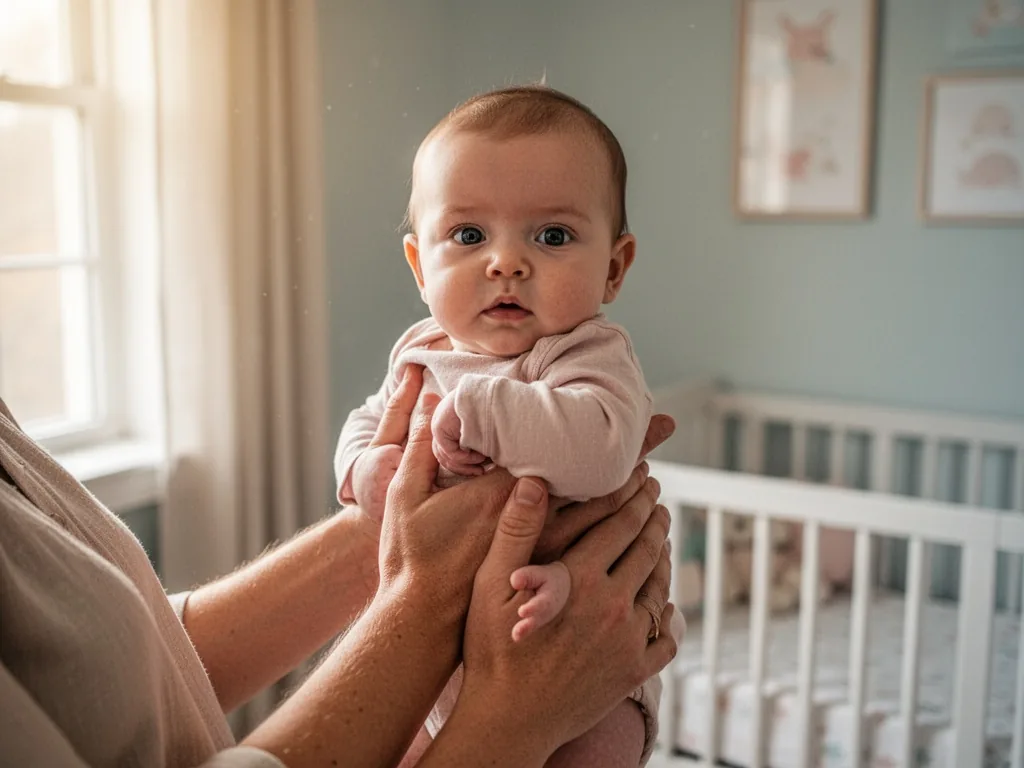 A parent's hands gently holding a baby upright against their chest, soft window light illuminating the scene, calm nurse