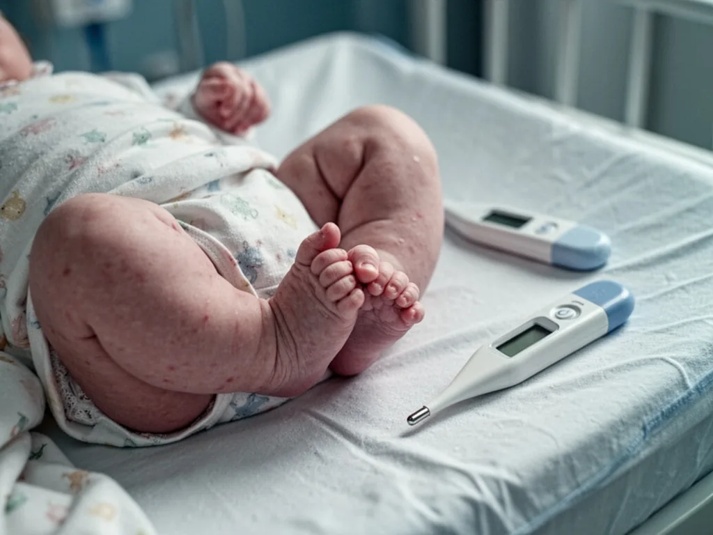 A baby's clenched fists and curled legs on a white changing mat, a digital thermometer nearby, cool clinical light, worr