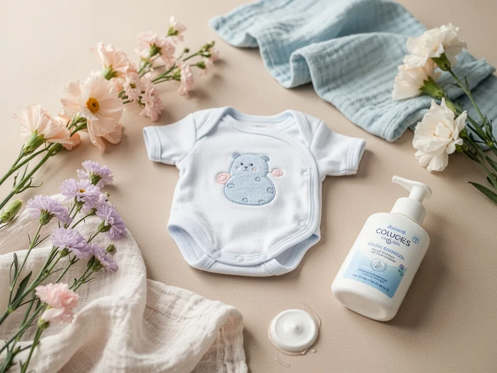 Un nourrisson allongé sur le dos, les jambes repliées sur le ventre, pendant qu'un parent lui masse doucement l'abdomen avec deux doigts