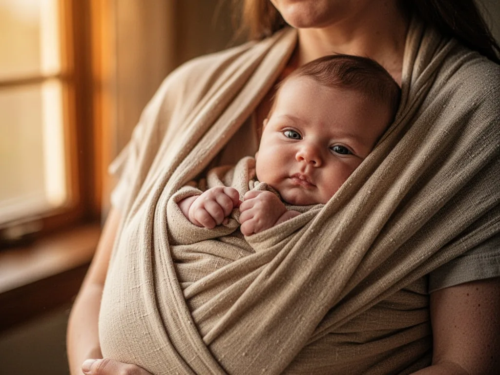 A baby wrapped in a soft beige cotton sling against a parent's chest, tiny fingers clutching fabric, warm amber window l