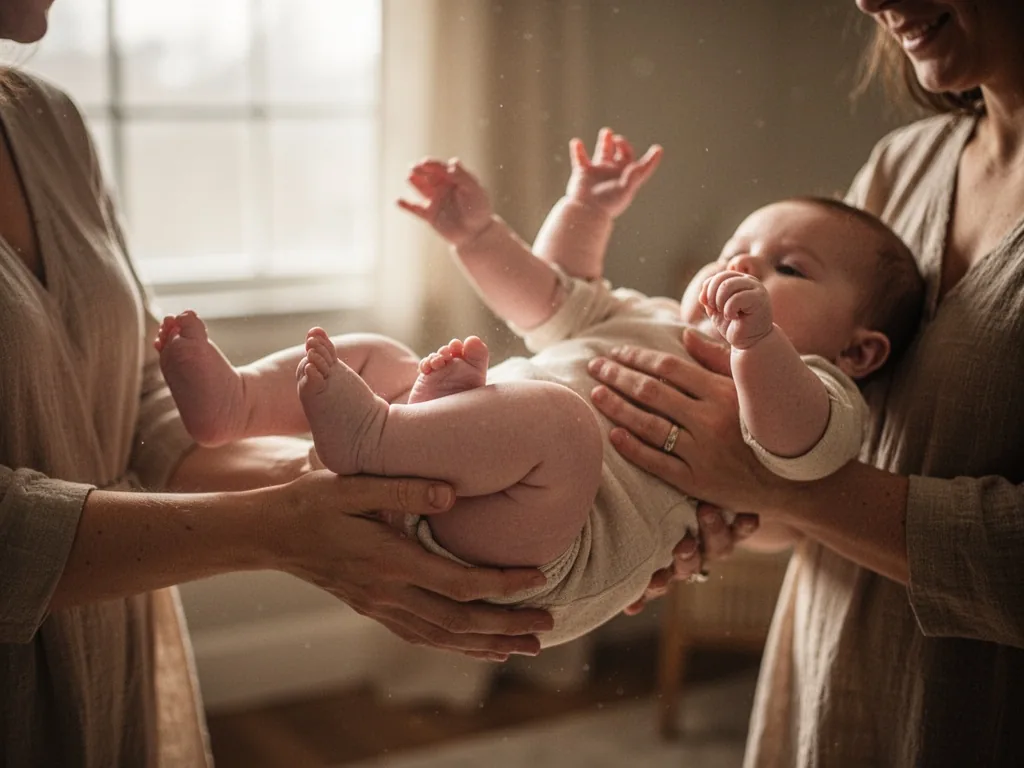 A baby's squirming legs and outstretched arms in mid-air, parent's gentle hands cradling the torso, diffused morning day