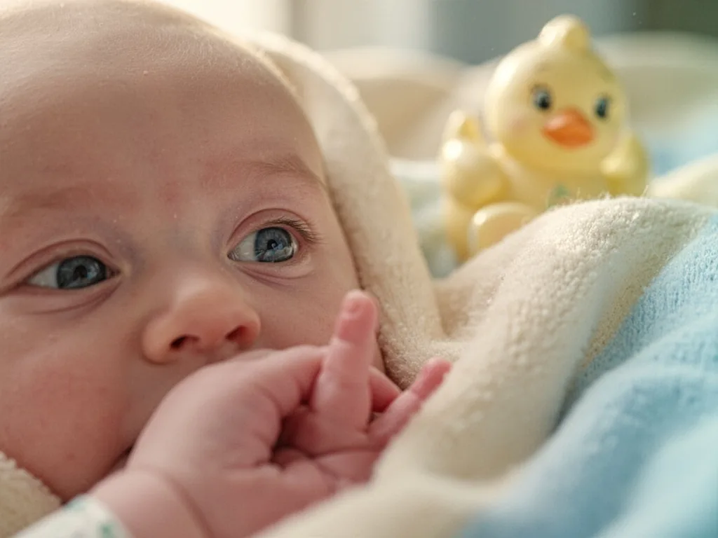 A baby's eye with a slight inward turn, a tiny finger near the corner, soft morning window light, pastel yellow toy blur