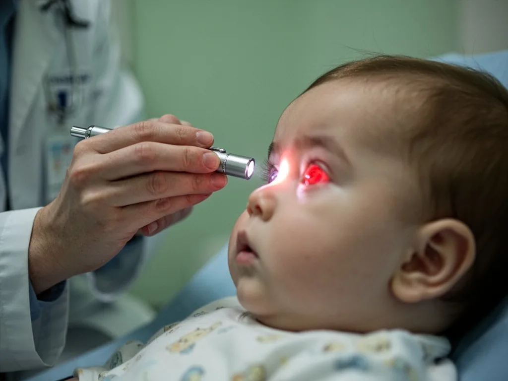 A pediatric ophthalmologist's hand holding a small penlight near a baby's eye, the baby's silhouette blurred, gentle cli