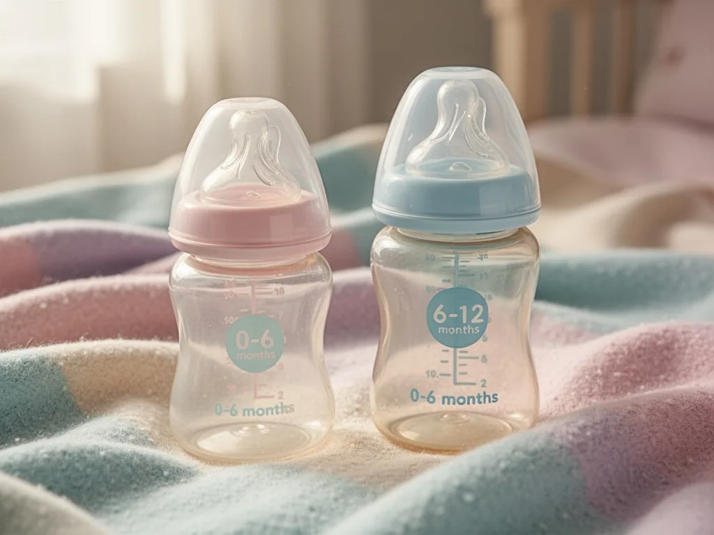 Two baby bottles of different sizes, one labeled '0-6 months', the other '6-12 months', arranged on a soft pastel blanke