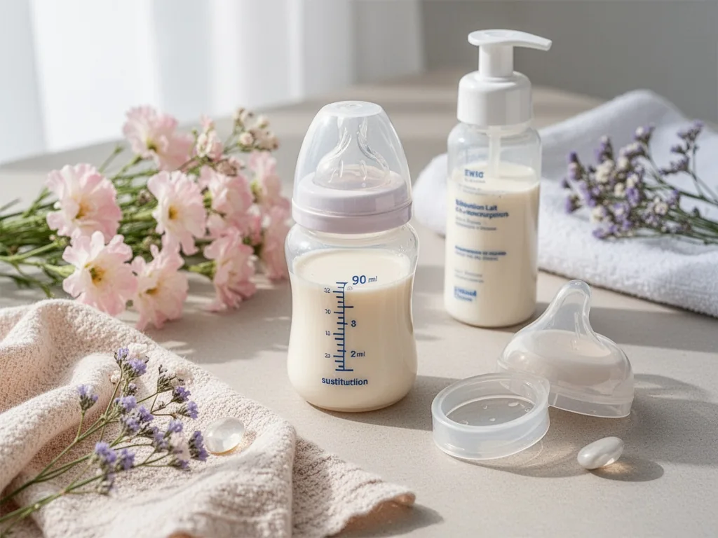 Un biberon en verre et un pot de lait infantile posés à côté d’une tétine en silicone, sur un plan de travail clair.