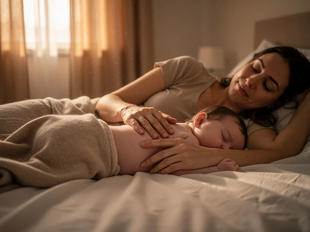 A sleeping mother’s hand gently resting on a baby’s back, both on a soft white bedsheet, dim bedroom with warm amber mor