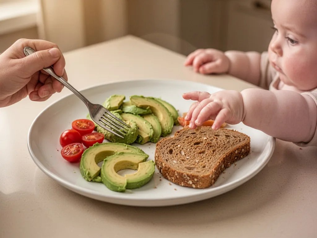 A white ceramic plate with sliced avocado, cherry tomatoes, and whole-grain toast, one hand holding a fork, a baby’s chu