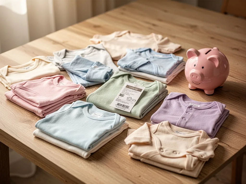 A wooden table scattered with folded baby onesies in soft pastels, a price tag and a small piggy bank beside them, gentl