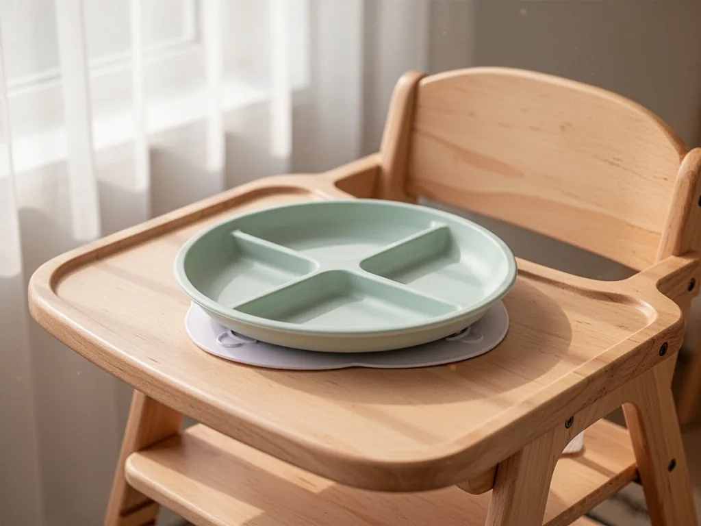 A baby plate with suction base and divided sections, sitting on a light wooden high chair tray, soft morning light filte