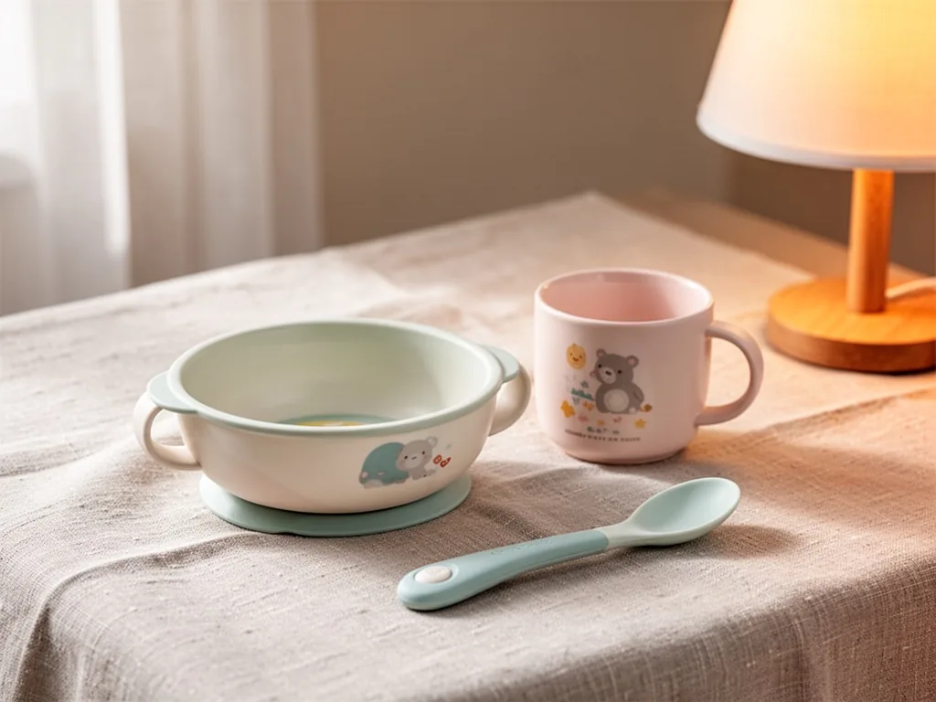 A complete baby meal set with bowl, cup, and spoon arranged neatly on a pale linen cloth, warm side lighting from a near