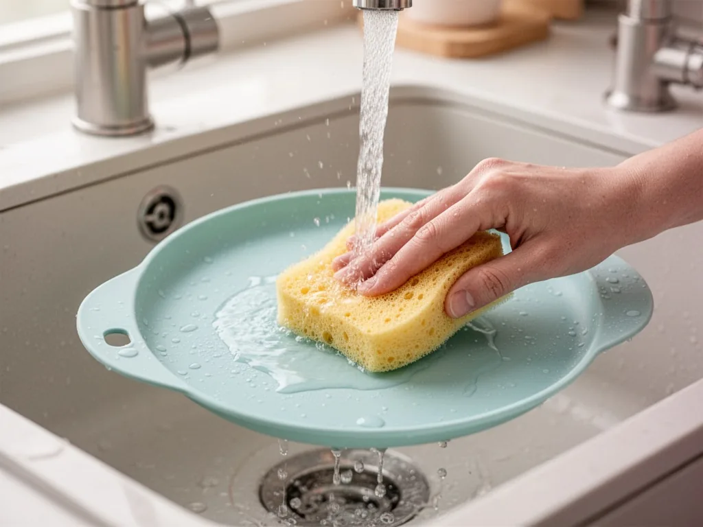 A close-up of a damp sponge wiping a silicone baby plate under a gentle stream of water, shallow depth of field in a bri