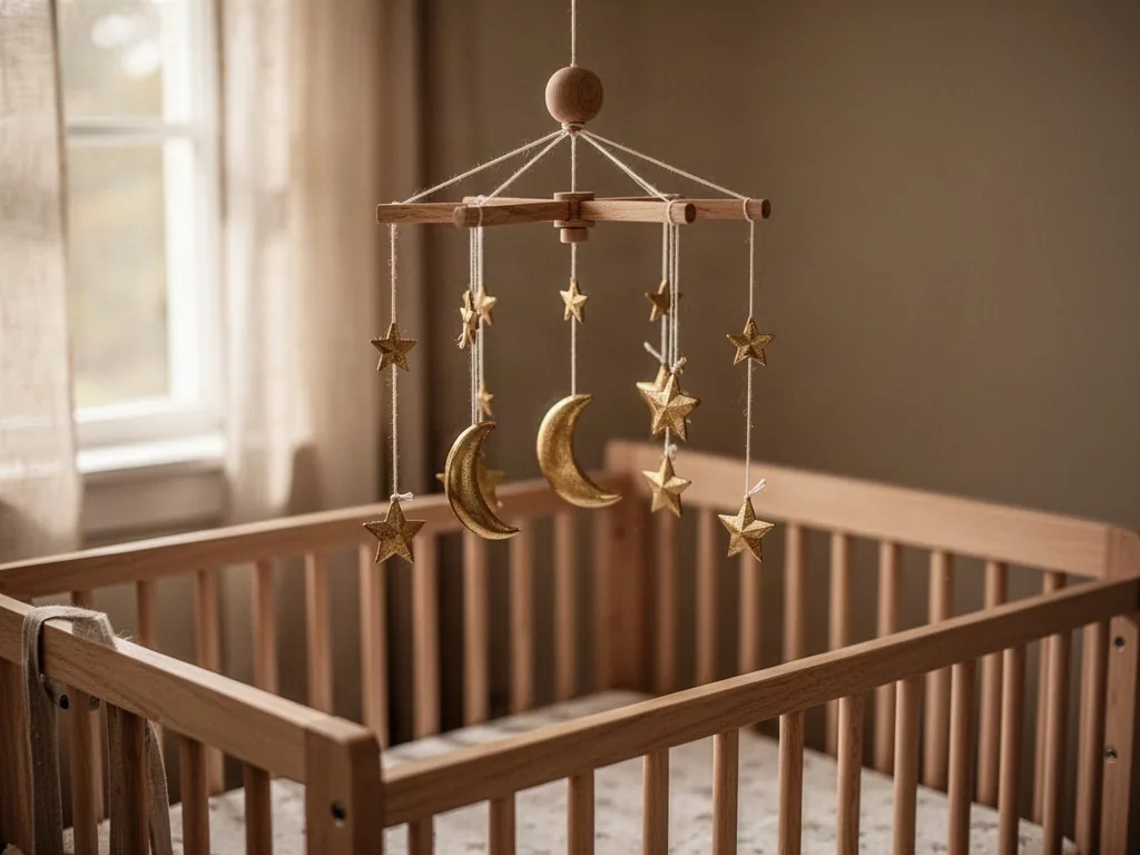 A wooden nursery mobile with small golden stars and crescent moons hanging over an empty crib, soft window light, warm n