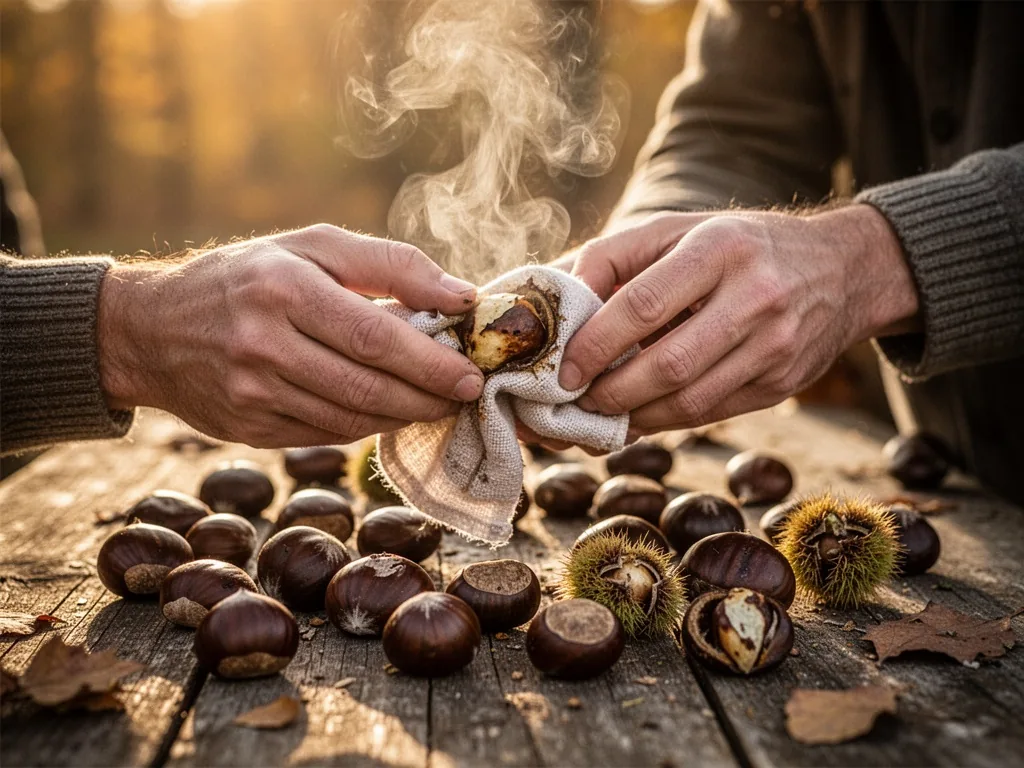 A pair of hands using a cloth to peel a roasted chestnut, steam rising, chestnuts scattered on a rustic wooden table, wa