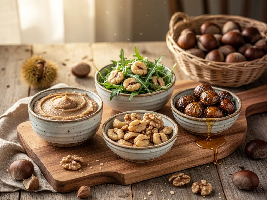 Three small ceramic bowls on a wooden board: chestnut puree, chestnut and arugula salad, roasted chestnuts with honey, l