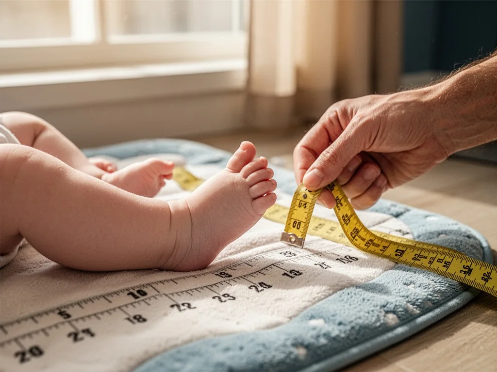 A baby's bare foot resting on a soft measuring mat with inch markings, a parent's gentle hand holding a flexible yellow