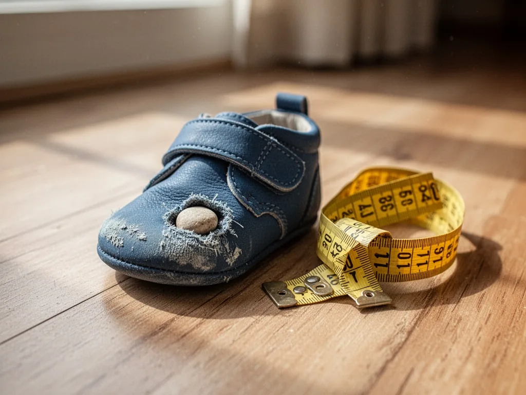 A scuffed blue baby shoe on a wooden floor next to a crumpled yellow measuring tape, a small pebble caught inside the to