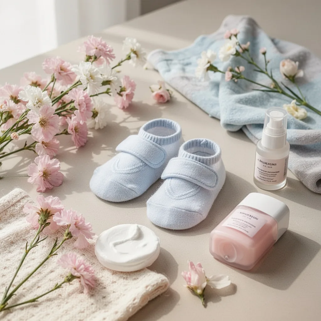 Chaussons en cuir souple pour bébé posés à côté d’un mètre ruban et de pieds nus sur un tapis d’éveil.