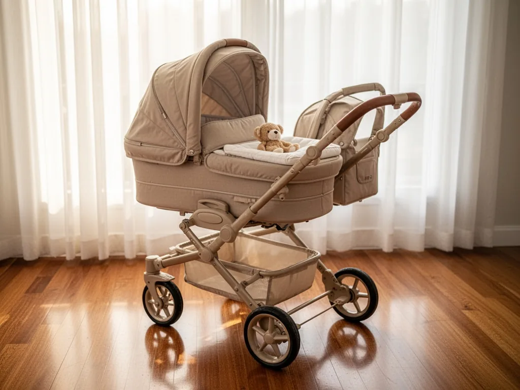 A newborn baby stroller with a bassinet attachment facing the parent, placed on a polished wooden floor, soft morning li