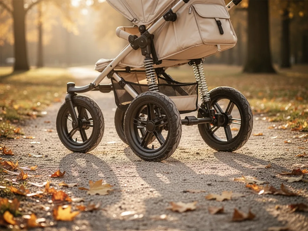 A jogging stroller with large air-filled tires and visible suspension coils on a gravel path, golden afternoon sunlight