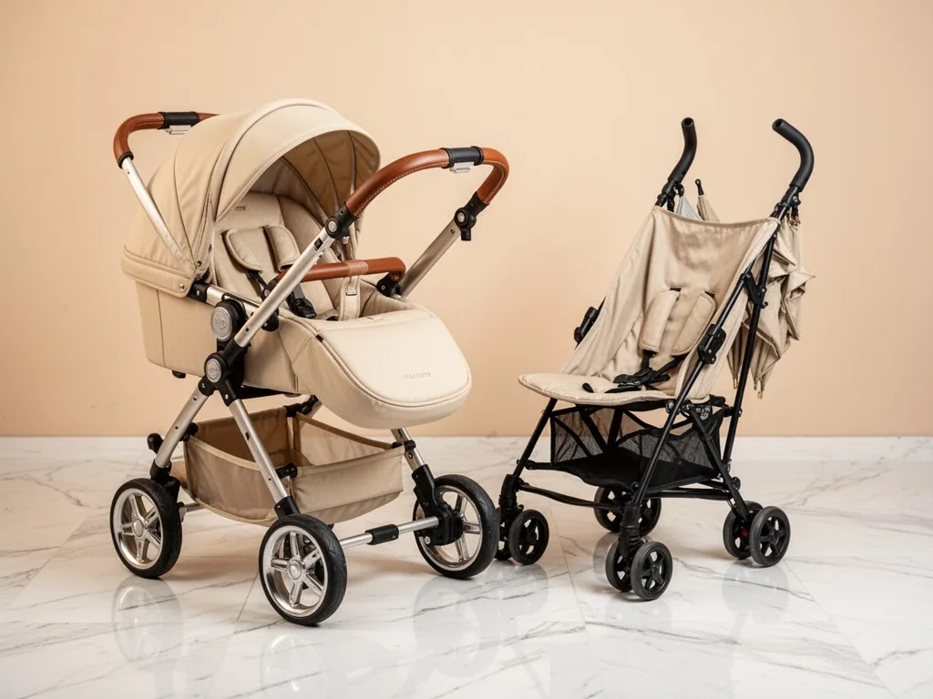 A premium stroller with leather handle and aluminum frame next to a basic umbrella stroller on a white marble floor, sof