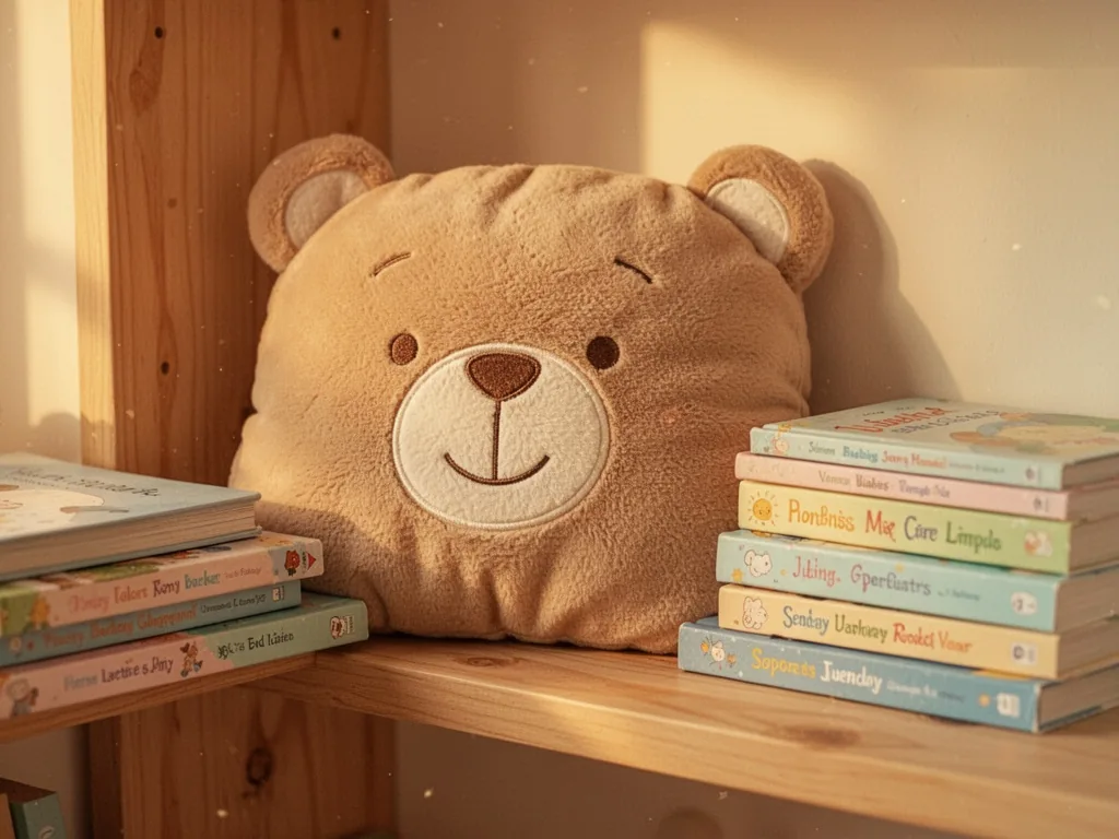 A plush teddy bear pillow with stitched smile and tiny ears, resting on a wooden shelf beside a stack of children's book