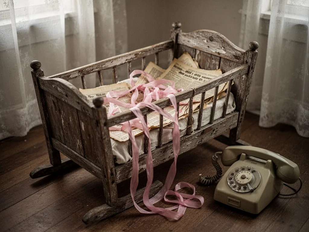 A weathered wooden cradle holding a tangle of pink ribbon and yellowed press clippings, a rotary telephone on the floor