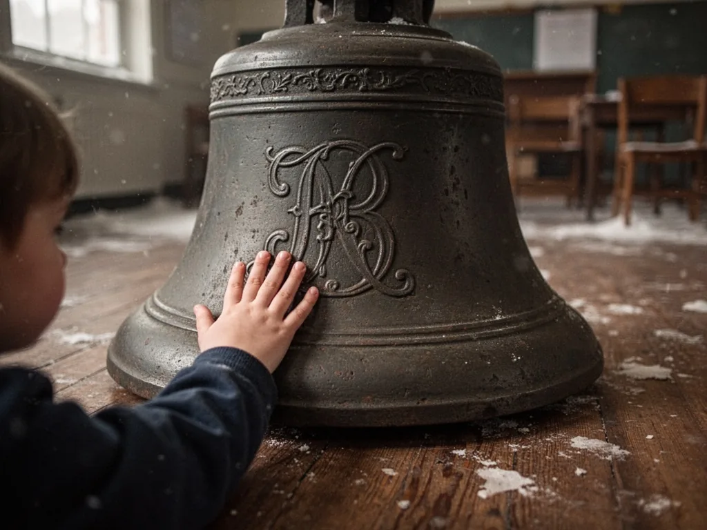 A small child's hand pressed flat against a massive cast-iron bell engraved with an ornate initial, resting on worn scho