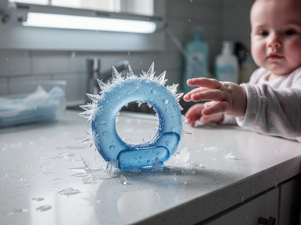 A blue plastic frozen teether with frost and sharp ice crystals on a kitchen counter, a baby's hand reaching toward it,