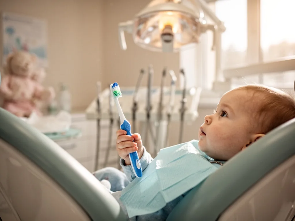 A toddler's hand gripping a blue child-sized toothbrush in a reclining dentist chair, blurred overhead lamp and instrume