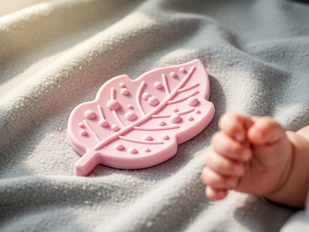 A pastel pink silicone teether shaped like a leaf with soft texture bumps on a light gray blanket, a baby's blurry hand