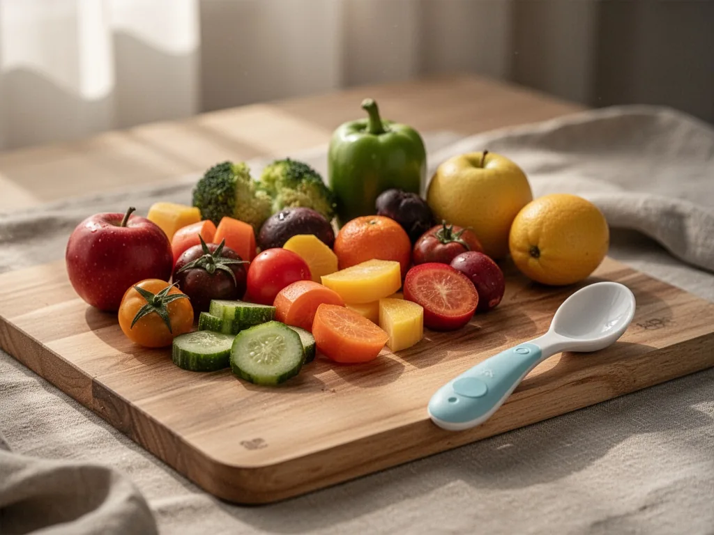 A wooden cutting board with mixed colorful vegetables and fruits, a baby spoon placed beside, soft morning light filteri