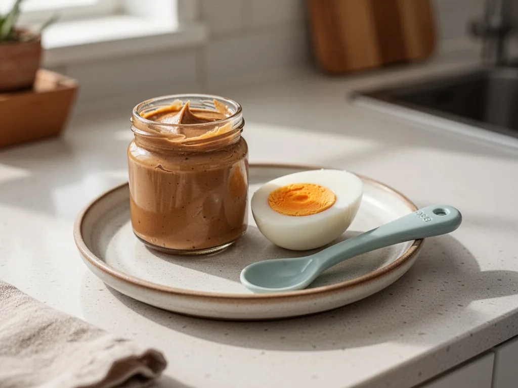 A small jar of peanut butter and a halved boiled egg on a ceramic plate, baby spoon nearby, bright kitchen counter, dayl