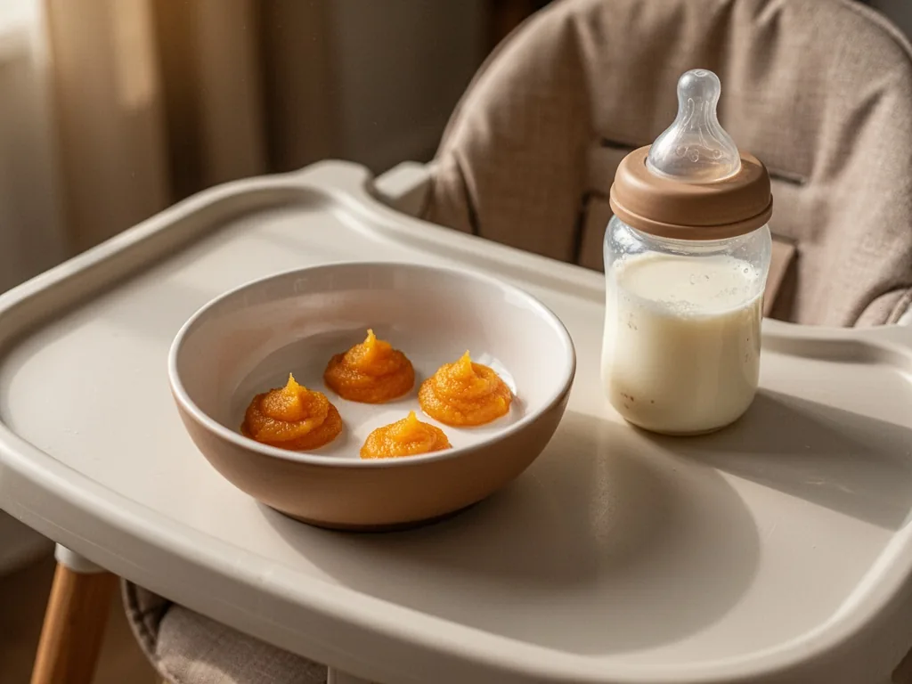 A baby bowl containing three small spoonfuls of orange puree, a milk bottle next to it, on a high chair tray, warm light