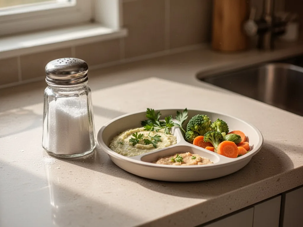 A salt shaker pushed aside on a kitchen counter, a baby meal plate with fresh herbs and vegetables, soft natural dayligh